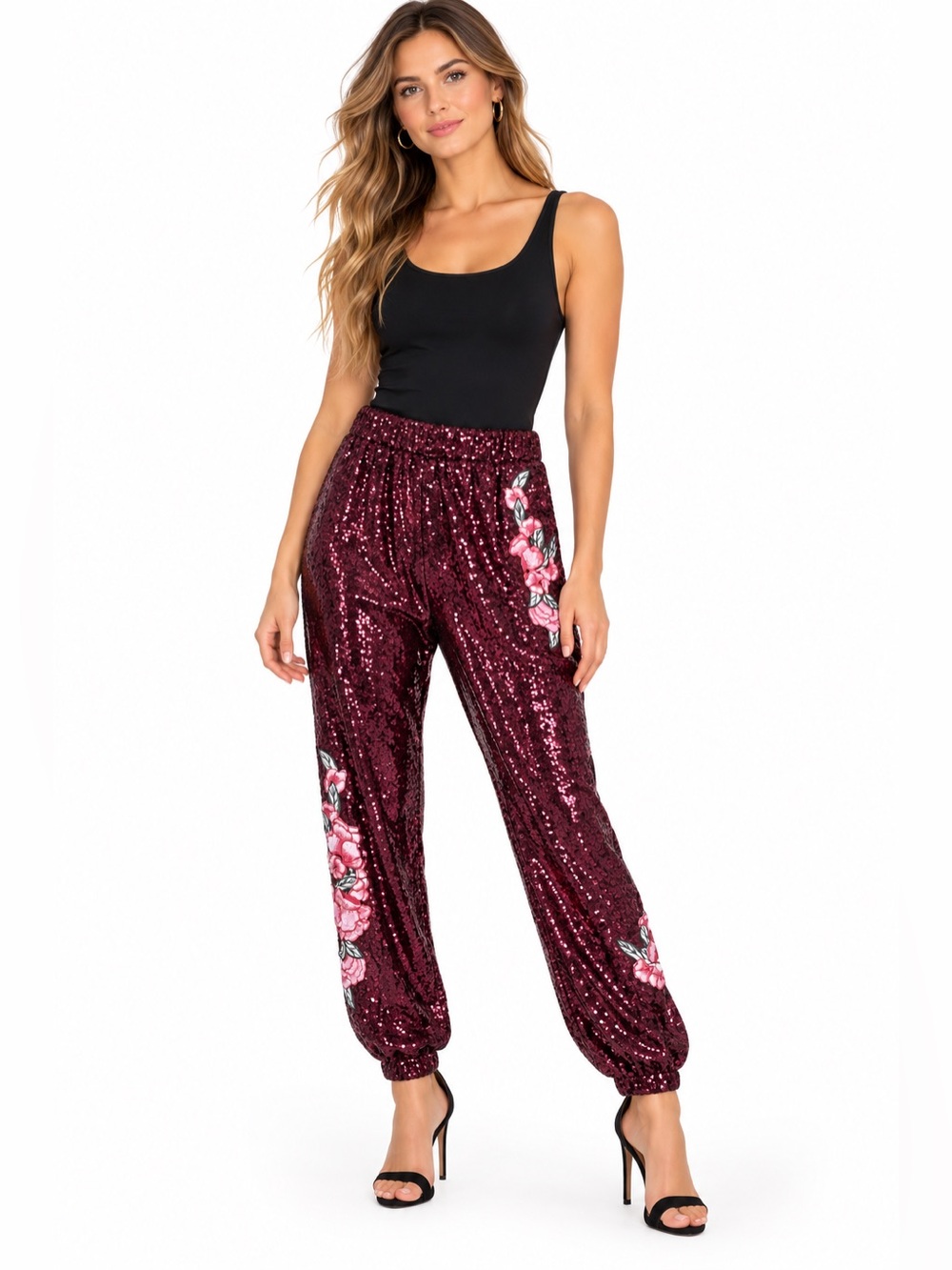 Johnny Was Burgundy Sequin Floral Embroidered Jogger Pants S